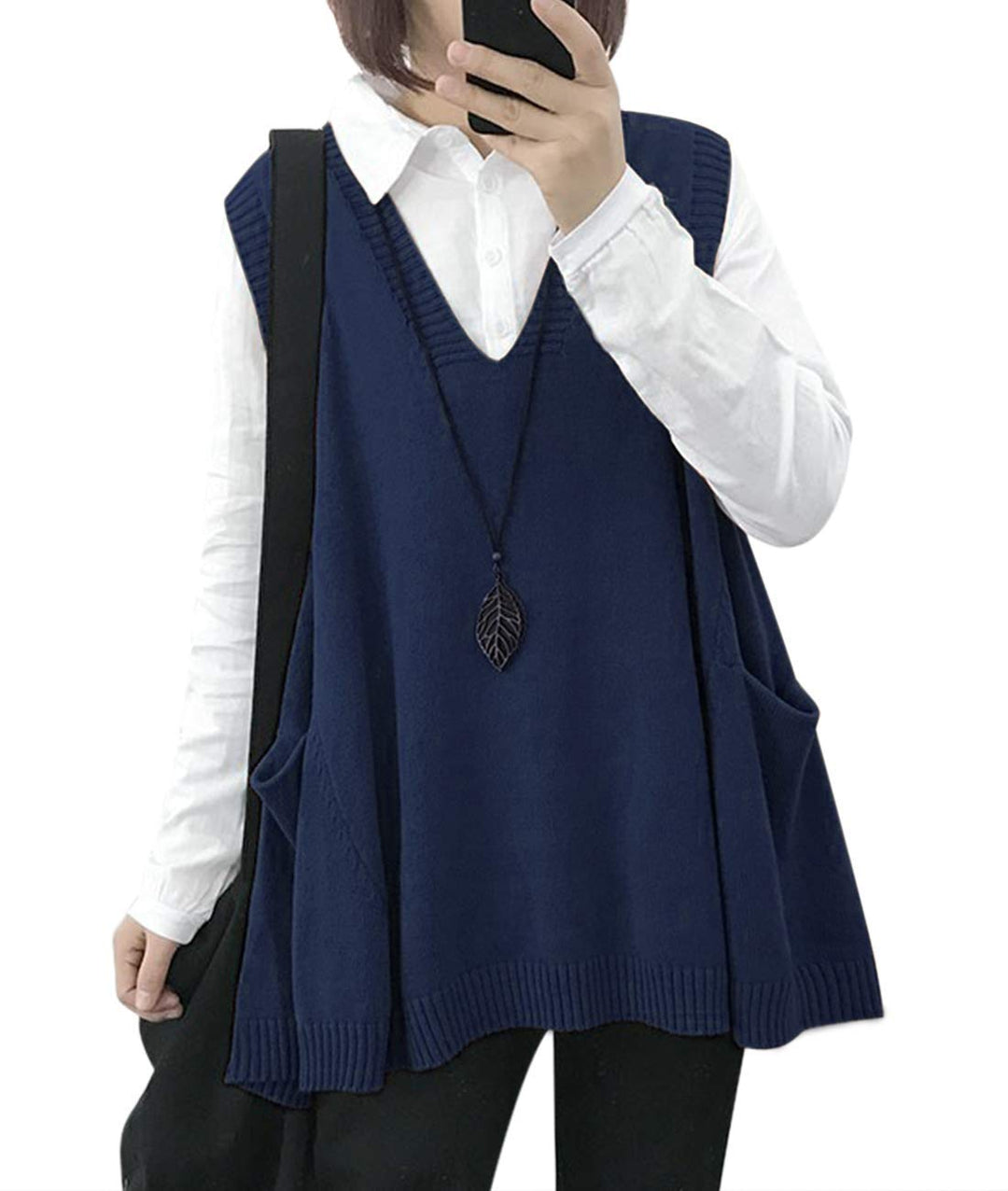 Janein Damen Pullunder ärmellos V Ausschnitt Stricken Weste Oversize Strickweste Beheizbare Tank Top