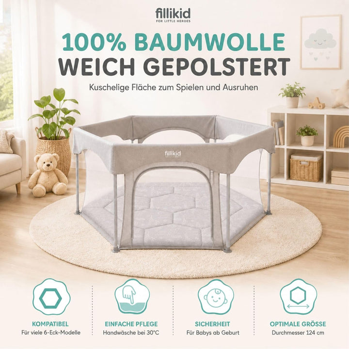 Fillikid Einlage Laufstall 6-eckig Exklusiv | Krabbeldecke Laufgitter 124 cm | Schutzeinlage Laufgit