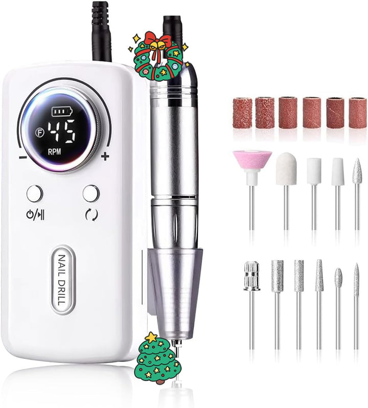Elektrische Nagelfeile/Nagelfräser 45000 U/min [LCD+12 Köpfe] – Leise aufladbare Nagelmaschine mit 1