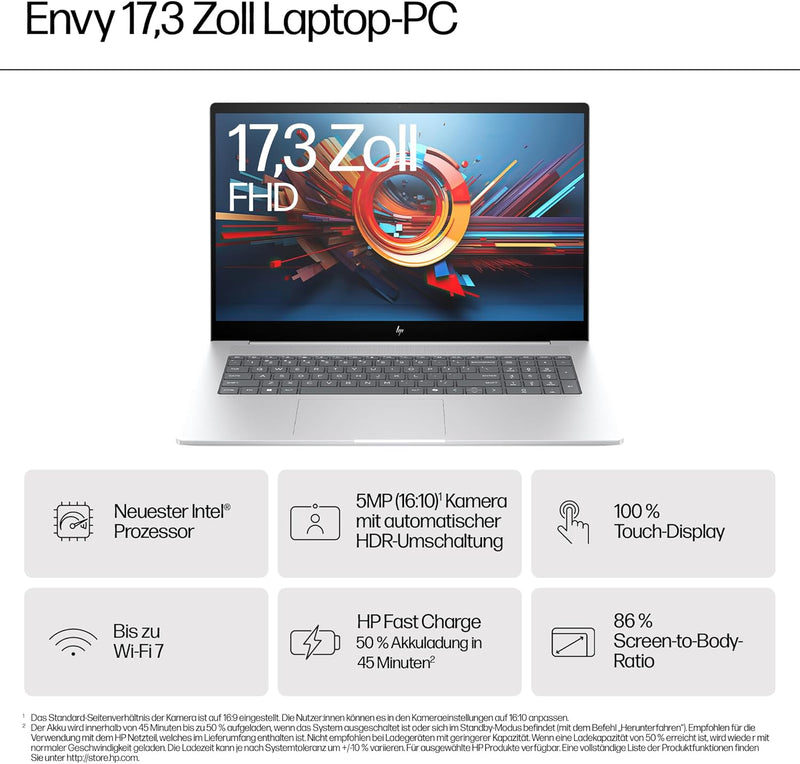 HP Envy Laptop | 17,3" FHD Touchscreen | Intel Core Ultra 7 155H | 16 GB DDR4 RAM (2X 8 GB) | 1 TB S