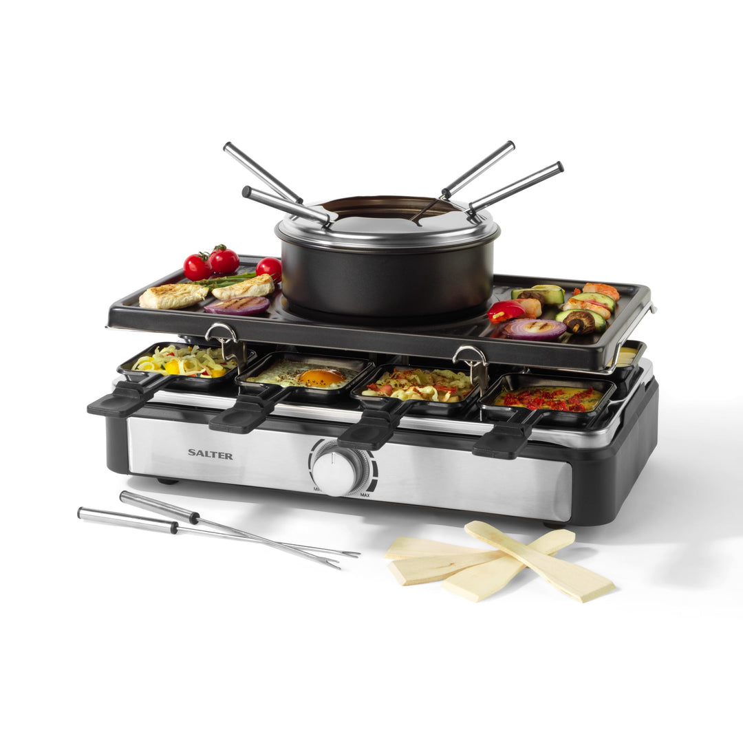Salter Elektrischer Raclette Grill & Fondue - 2-in-1 Rauchfreier Indoor Grill, 1,3L Schmelztopf für