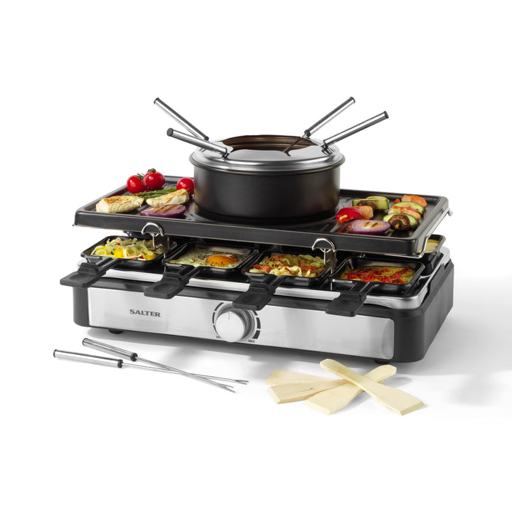 Salter Elektrischer Raclette Grill & Fondue - 2-in-1 Rauchfreier Indoor Grill, 1,3L Schmelztopf für