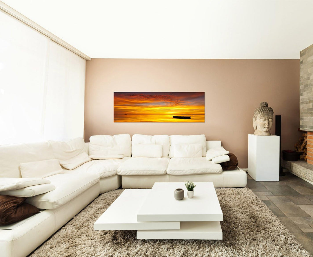 Paul Sinus Art Panoramabild auf Leinwand und Keilrahmen 150x50cm Meer Boot Sonnenuntergang Wolken Re
