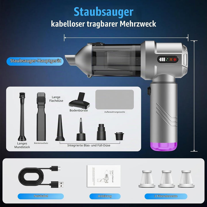 Handstaubsauger, 25000Pa Akku Handstaubsauger Kabellos, 4 in 1 Tragbar Akkustaubsauger mit Automatis