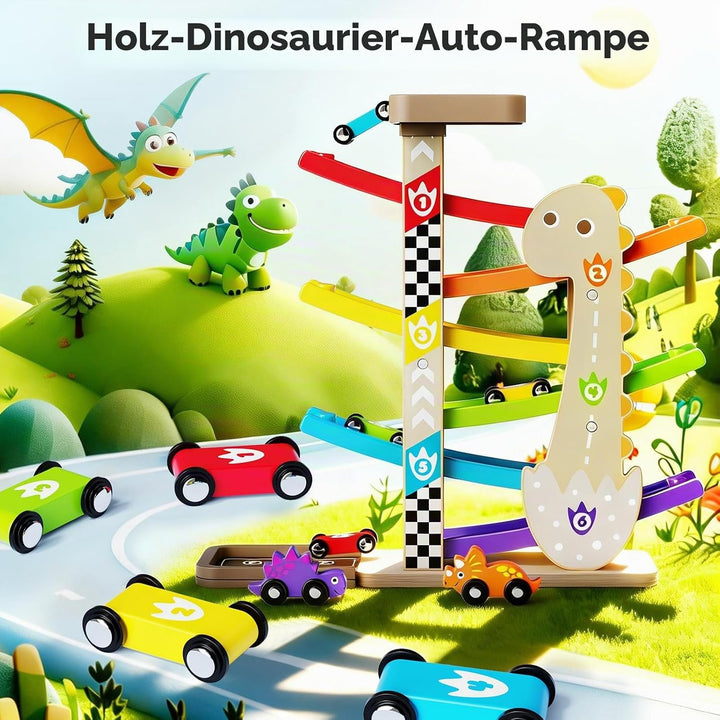 6X Kugelbahn Autorennbahn Holz ab 1+ Jahr Auto Rennbahn mit 6 Fahrzeuge Montessori Spielzeug Kinders