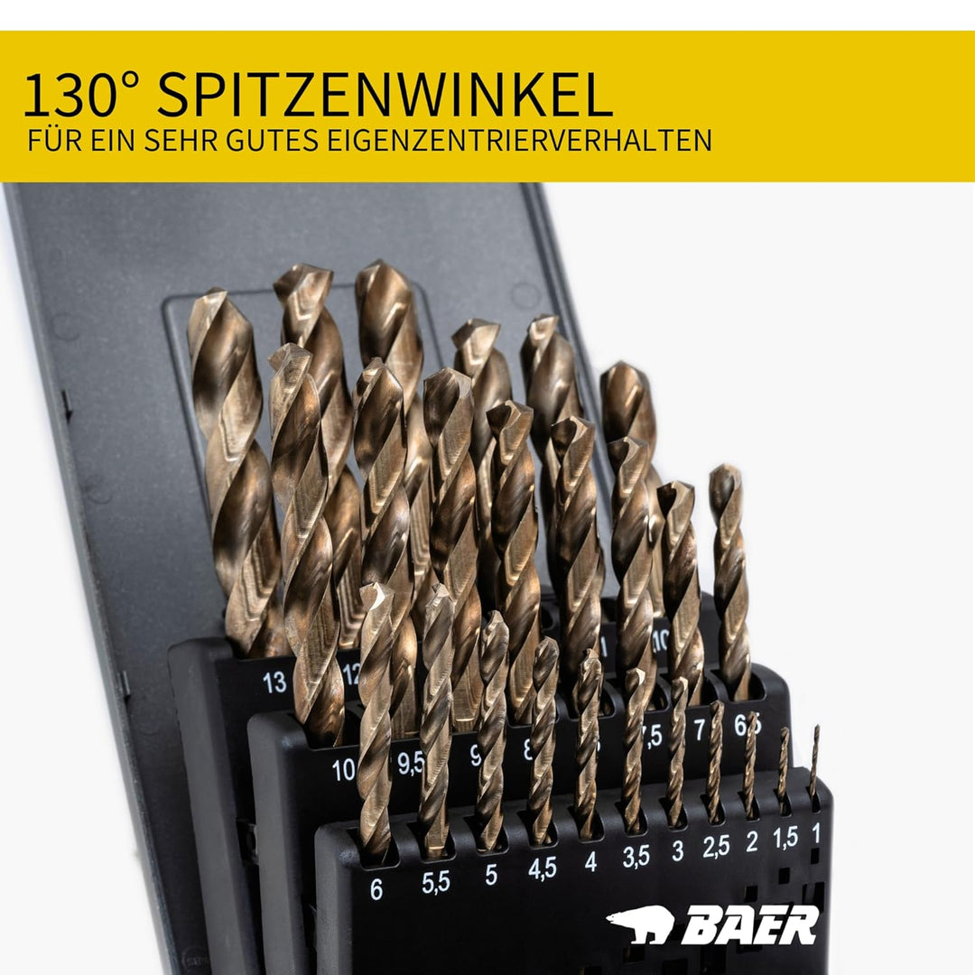 BaerCoil BAER Bohrer Set 25 tlg. - 1–13 mm HSSE in 0,5 mm Schritten - Edelstahlbohrer - 5% Cobalt Sc