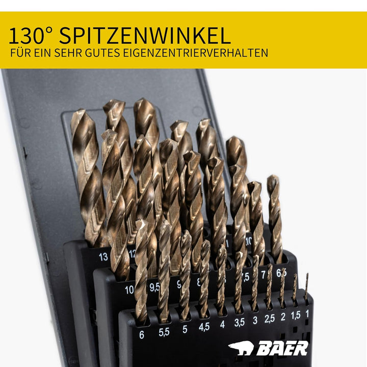 BaerCoil BAER Bohrer Set 25 tlg. - 1–13 mm HSSE in 0,5 mm Schritten - Edelstahlbohrer - 5% Cobalt Sc