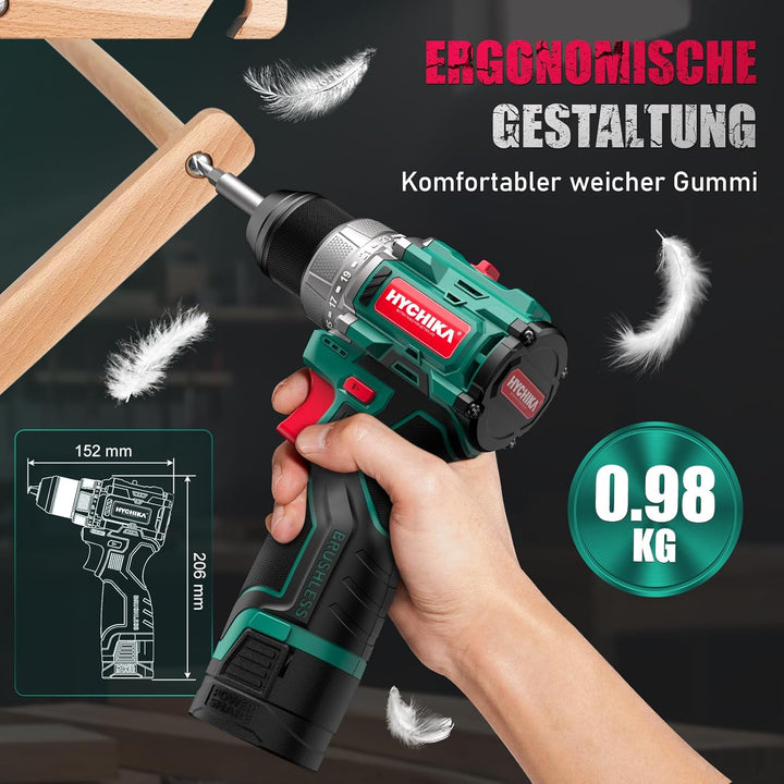 HYCHIKA 16.8V Akkuschrauber & Bohrmaschine Set, Bürstenloser Motor, 45Nm Max, 23+1 Drehmoment, 53-te