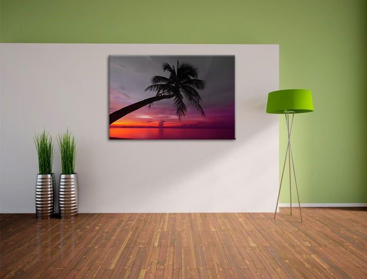 Pixxprint Palme am Meer mit Sonnenuntergang als Leinwandbild/Grösse: 100x70 / Wandbild/Kunstdruck/fe