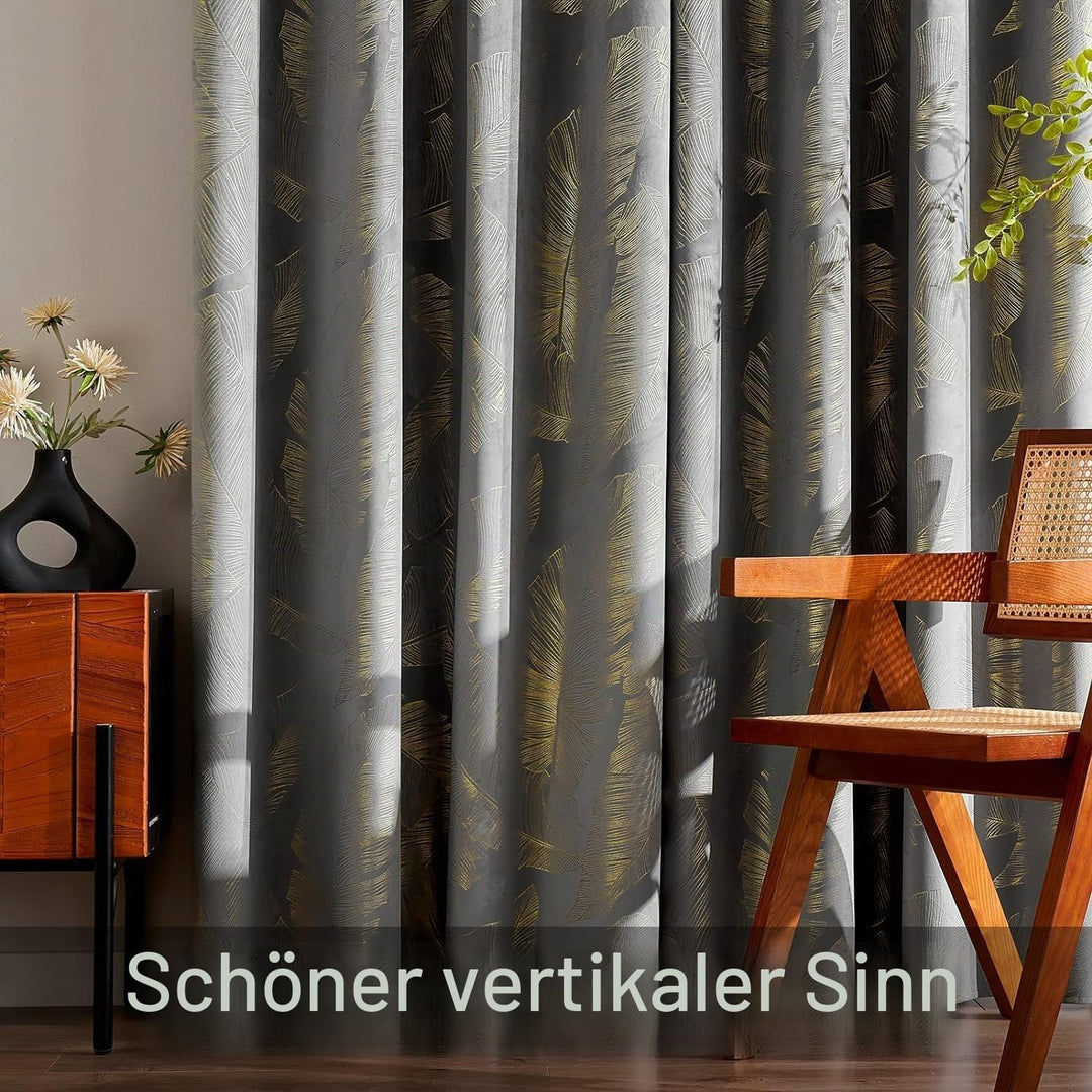 MIULEE Vorhänge Samt mit Goldfolie Blätter Muster, 2 Stück Grau Samt Gardinen mit Ösen, Jedes 145 cm