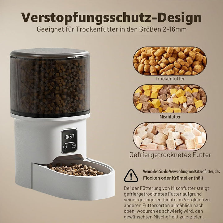 4L Trockenfutterautomat Katze &amp; Hund, Zeitgesteuerter Futterspender mit Portionskontrolle 1-6 Mahlze
