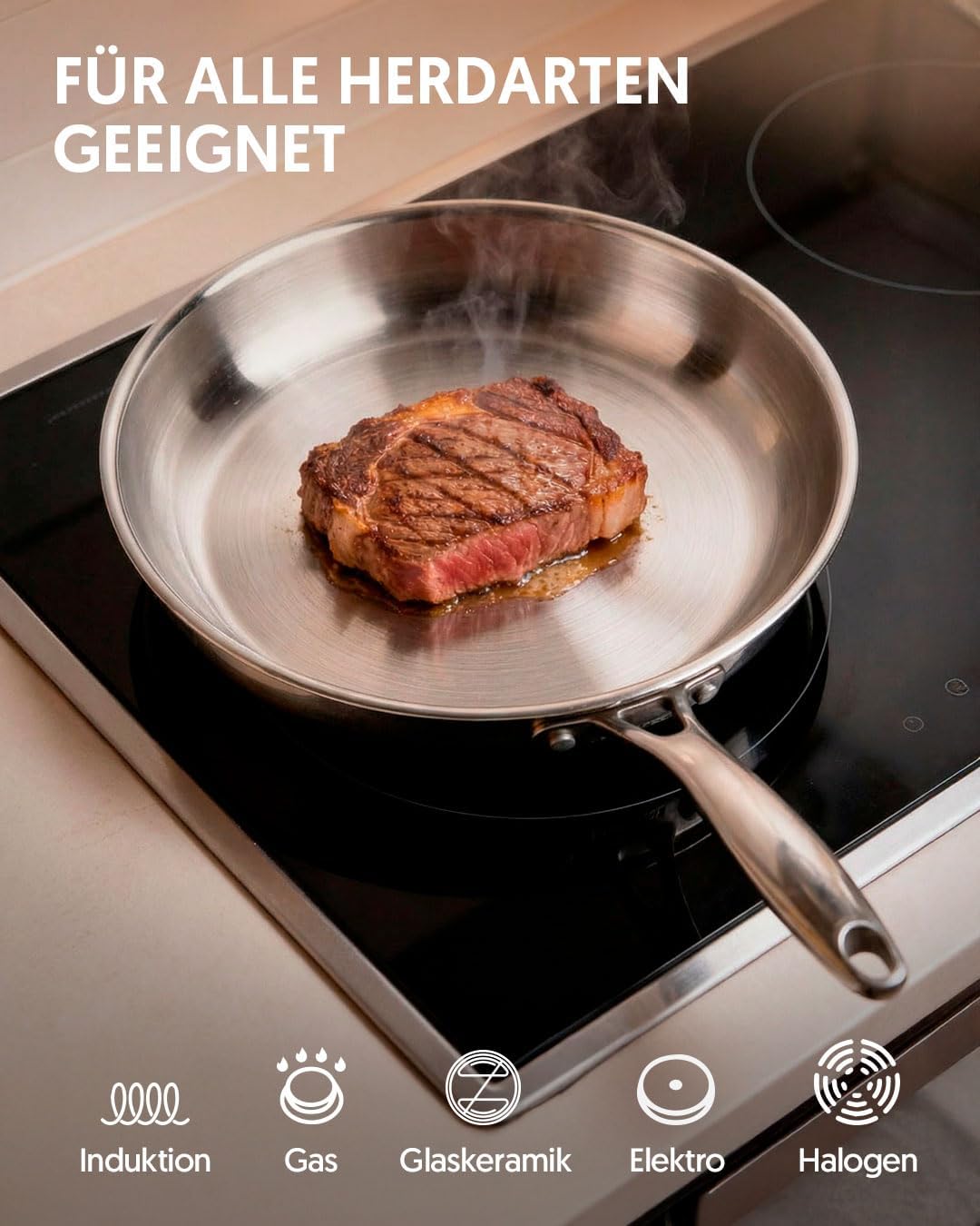 La Moustache - Topf- und Pfannenset 10-teilig aus Edelstahl ohne Beschichtung, 3 Töpfe mit Glasdecke