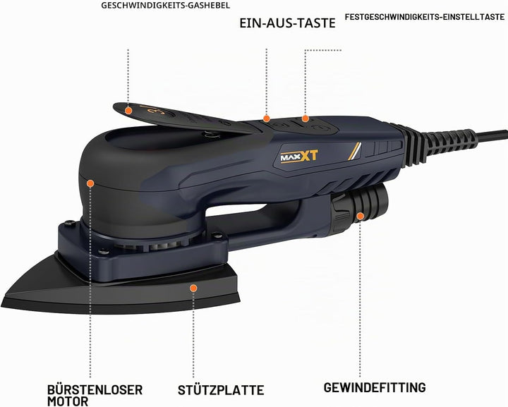 MAXXT Profi Bürstenloser 3mm Dreieck-Schleifer - 350W Starker EC Motor, Geschwindigkeitsregulierung,