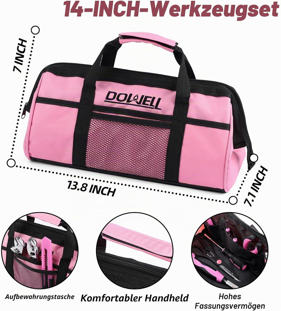 DOWELL Pinkes Werkzeugset für Damen, Mädchen, Damen, Haushaltswerkzeug-Set mit 35,6 cm Werkzeugtasch