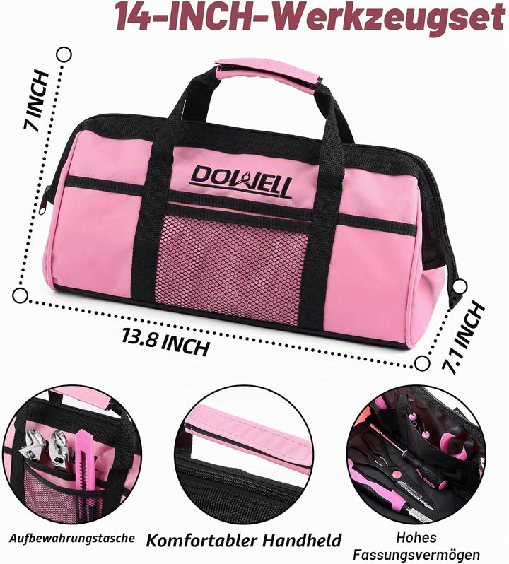 DOWELL Pinkes Werkzeugset für Damen, Mädchen, Damen, Haushaltswerkzeug-Set mit 35,6 cm Werkzeugtasch