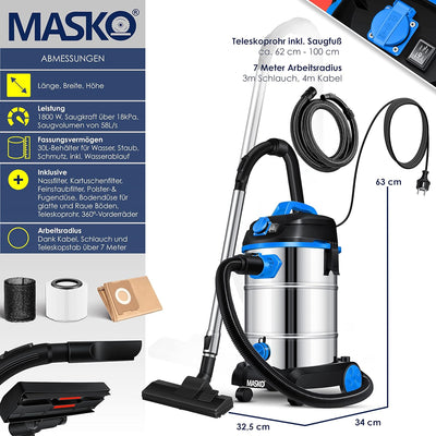 Masko® Industriestaubsauger 1800Watt Mit Steckdose Blasfunktion | Mehrzwecksauger Trocken-Saugen & N