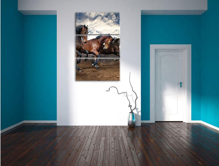 Pixxprint Wildpferde als Leinwandbild/Grösse: 3 Teilig (120x80) cm/Wandbild/Kunstdruck/fertig bespan