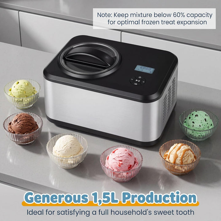 LIFEZEAL Eismaschine, 2 in 1 Eiscreme Maschine & Joghurtbereiter, 1,5 L Eiscrememaschine Edelstahl m
