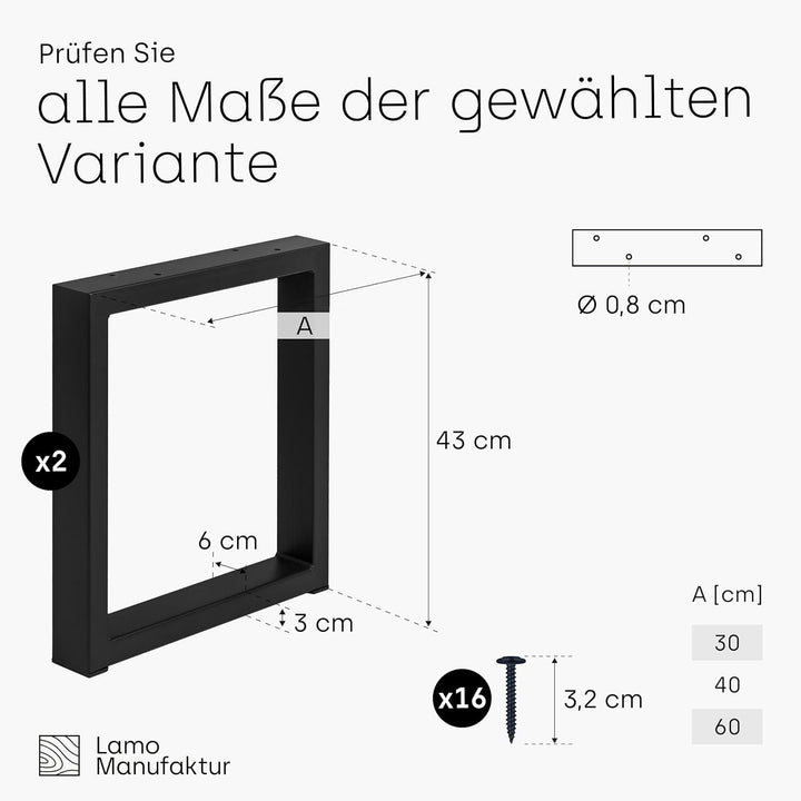 LAMO Manufaktur Tischbeine für Sitzbank, Couchtisch, Beistelltisch, Simple Medium, Vierkantprofil 60