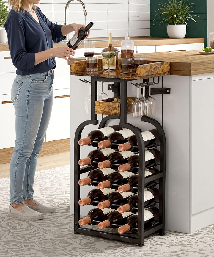 Yorbay Weinregal freistehend 15 Flaschen, Flaschenregal mit Glashaltern, Dekorativer Flaschenhalter-