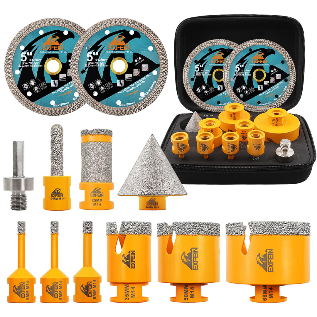 Diamant Fliesenbohrer Set 12 Stück - EXFEIN Lochsäge 6/6/8/25/35/50/68mm + 10mm Fingerfräser + 50mm
