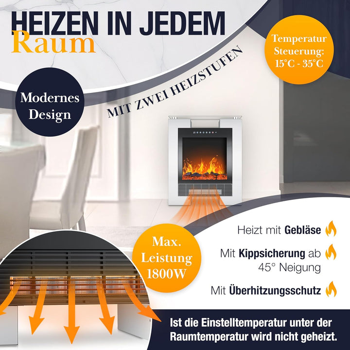 KESSER® LED Kamin mit Heizung elektrisch | Heizlüfter Elektrokamin mit Thermostat, Standkamin mit re