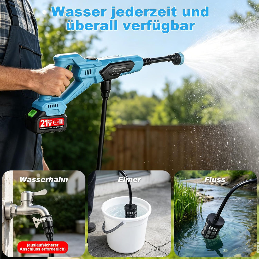 21V Akku-Hochdruckreiniger, Tragbarer Hochdruckreiniger mit 6-in-1 Multifunktionsdüse, 2 Akkus,120Ba
