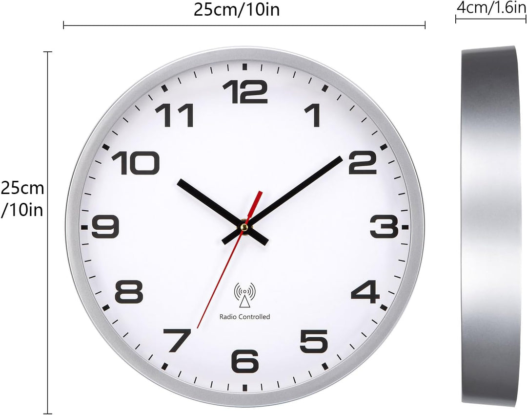 Funkuhr Wand Wanduhr Funk funkwanduhr 25 cm Silber Funkuhr Schwarze Batteriebetrieben Vintage Modern