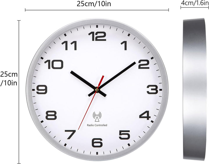 Funkuhr Wand Wanduhr Funk funkwanduhr 25 cm Silber Funkuhr Schwarze Batteriebetrieben Vintage Modern