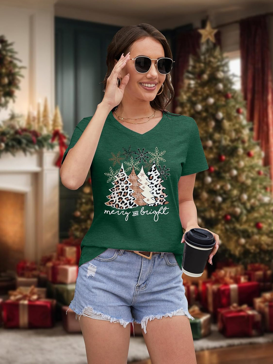 hohololo Weihnachts Tshirt Damen Christmas Shirt Merry Christmas V-Ausschnitt-T-Shirt Grün1 M, Gr&#x