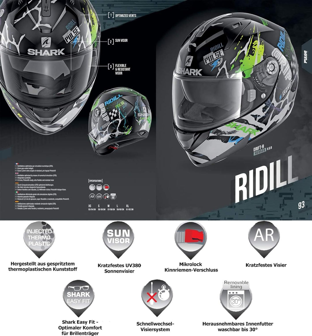 Shark Integralhelm RIDILL MECCA HE0537 KRS schwarz rot Sonnenblende Motorradhelm Schwarz/Rot XS, Sch