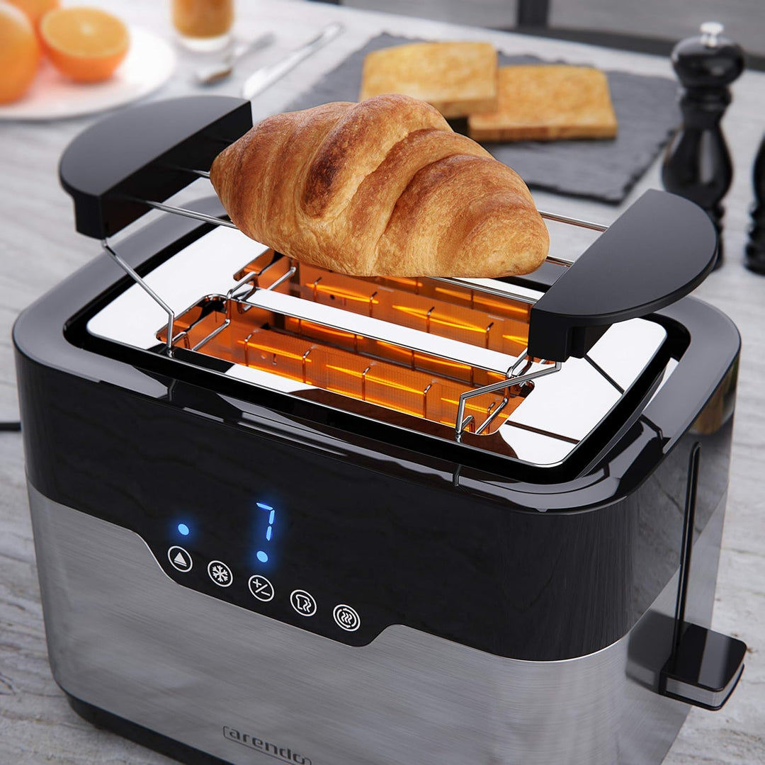 Arendo - Toaster 2 Scheiben Edelstahl - Touchdisplay – mit Brötchenaufsatz - extra breite Schlitze –