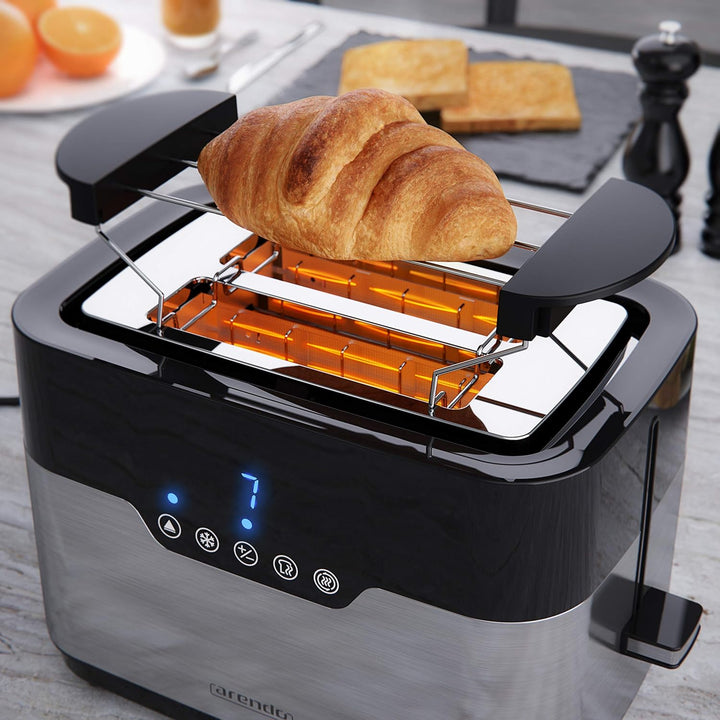 Arendo - Toaster 2 Scheiben Edelstahl - Touchdisplay – mit Brötchenaufsatz - extra breite Schlitze –
