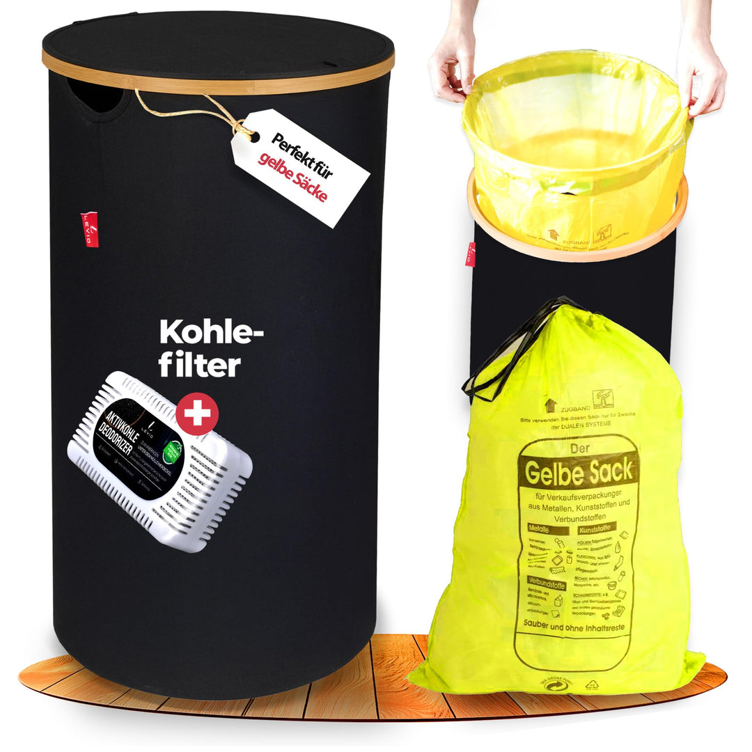 Levio® Gelber Sack Ständer mit Deckel – Müllsackhalter & Müllsackständer [80L mit Geruchsfilter] – M