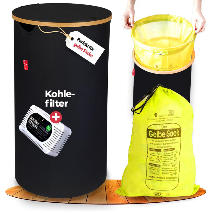 Levio® Gelber Sack Ständer mit Deckel – Müllsackhalter & Müllsackständer [80L mit Geruchsfilter] – M