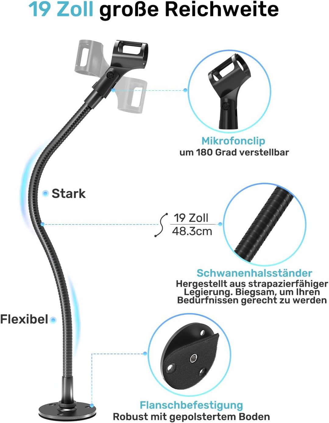 48,3 cm Schwanenhals-Mikrofonständer, robuster, flexibler Mikrofonhalter mit Flanschhalterung, ideal