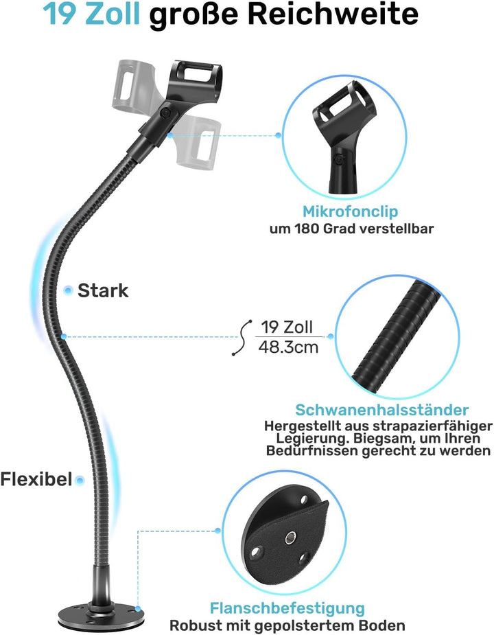 48,3 cm Schwanenhals-Mikrofonständer, robuster, flexibler Mikrofonhalter mit Flanschhalterung, ideal