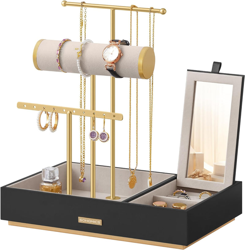 SONGMICS Schmuckständer, Schmuckhalter, Ohrringhalter Metall, Schmucktablett mit Spiegel, Schmuckauf