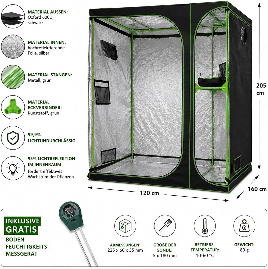 Mucola Growzelt 160x120x205 cm Set mit 3-in-1 Messgerät Zuchtzelt für Hydrokulturen zur Pflanzenzuch