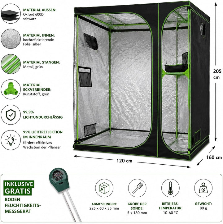 Mucola Growzelt 160x120x205 cm Set mit 3-in-1 Messgerät Zuchtzelt für Hydrokulturen zur Pflanzenzuch