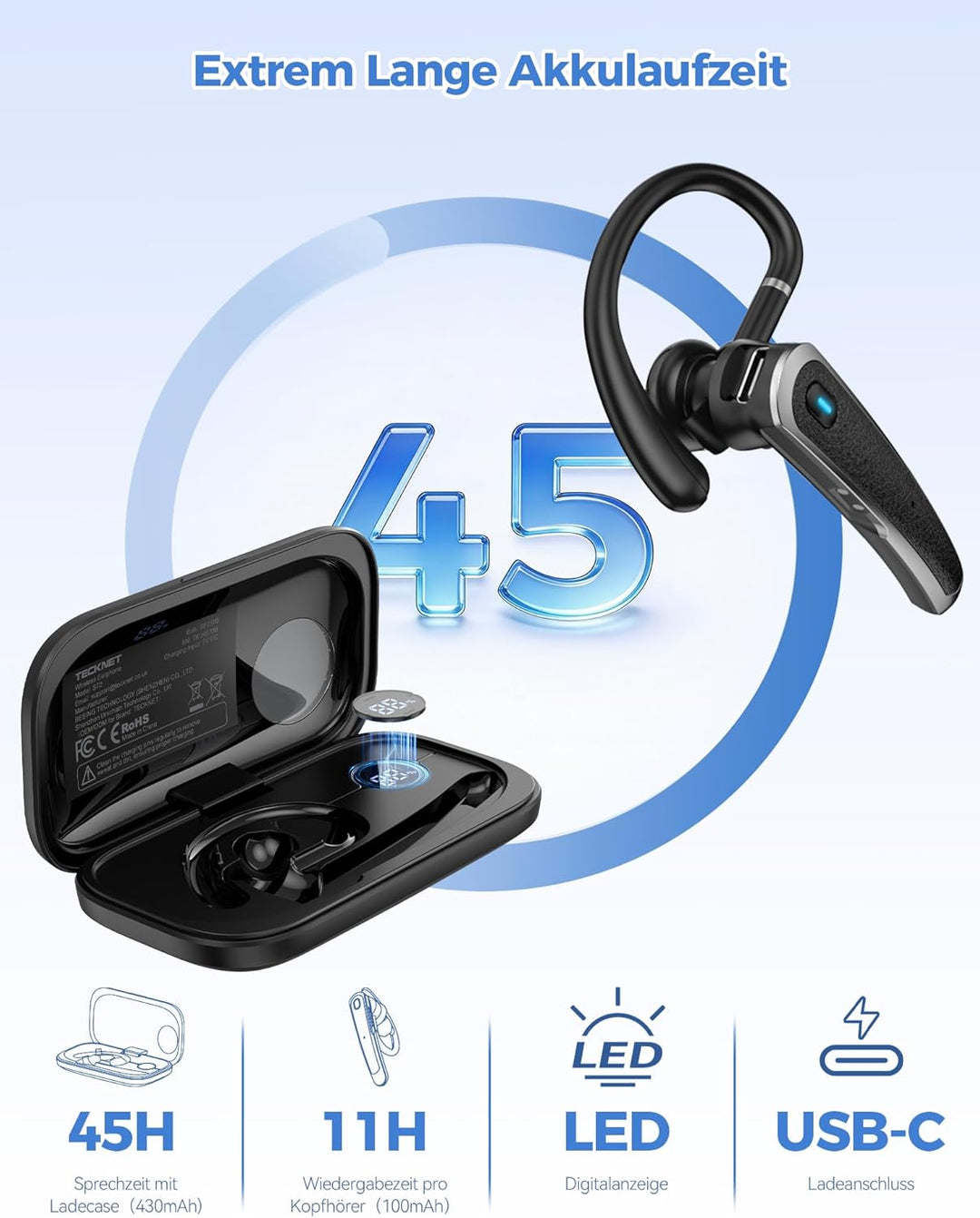 TECKNET 5.4 Bluetooth Headset mit Mikrofon, Dual Mic ENC Noise Cancelling Kopfhörer In Ear, KI-Echtz