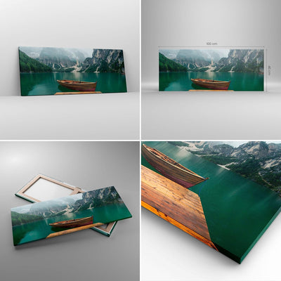 Panorama Bilder auf Leinwand 100x40cm Leinwandbild mit Rahmen Berge See Boot Gross Wanddeko Bild Sch