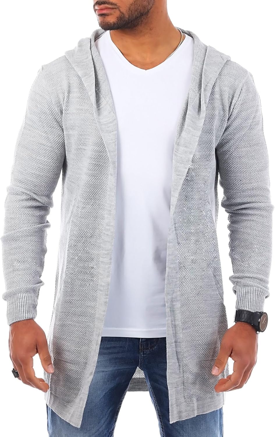 Carisma Herren Feinstrick Cardigan leichte Weste Strickjacke mit Kapuze Lange Passform Oversize Long
