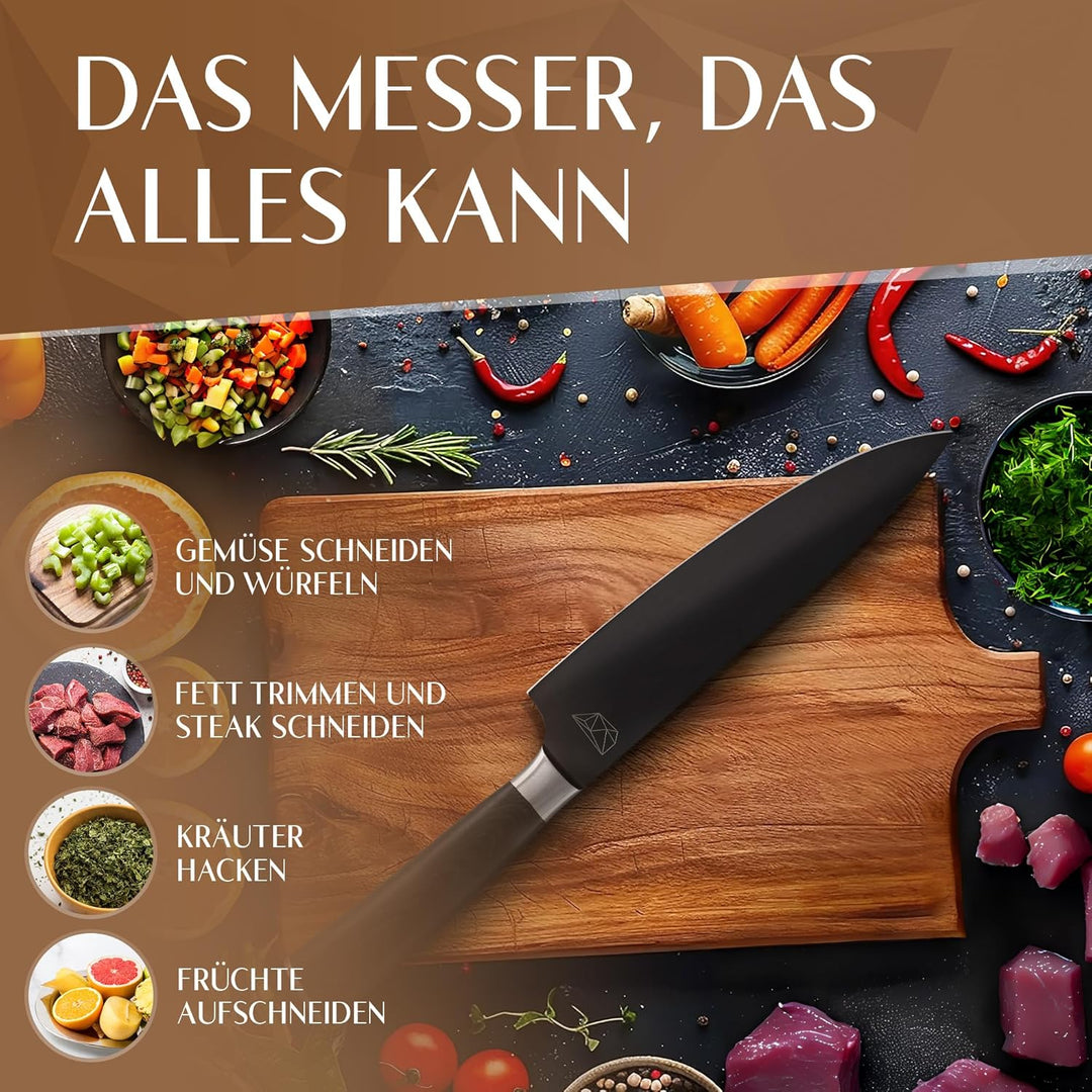 Glavory - Küchenmesser mit schwarzer Klinge und Holzgriff - 20cm Klinge - Kochmesser mit extrem scha