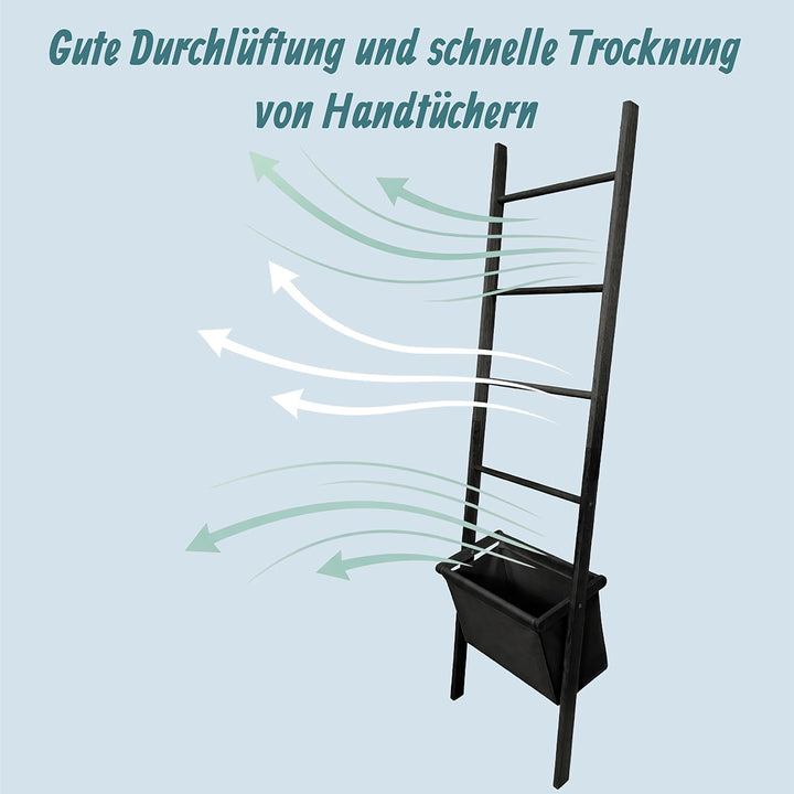 Relaxdays Handtuchleiter, 4 Sprossen, Wäschekorb, HxB: 170 x 50 cm, schwarz | Walnussholz, Badezimme