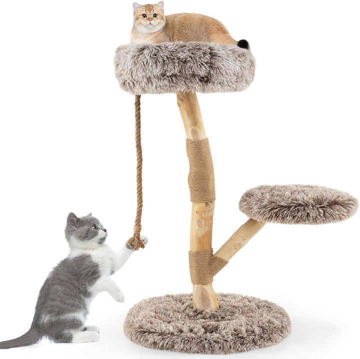 COSTWAY 90 cm Kratzbaum Holz, Katzenbaum mit 3 Plüschsitzflächen, Seil & Kratzpfosten aus Jute, Katz