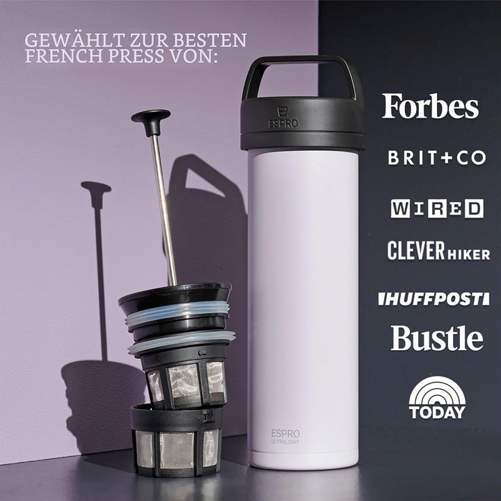 ESPRO P0 Ultralight French Press to go, Edelstahl, 470 ml, Weiss | Vakuumisoliert, auslaufsicher. Fr
