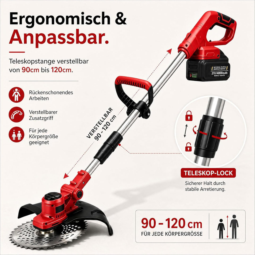 Rasentrimmer mit Akku, Akku Rasentrimmer 21V mit Unkrautbürste, 2X4.0Ah Akku Freischneider, Tap&Go M