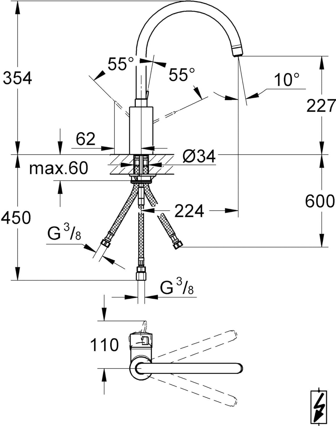 GROHE Eurosmart Cosmopolitan - Einhand-Spültischbatterie (Schwenkbereich wählbar, hoher Auslauf, Ein