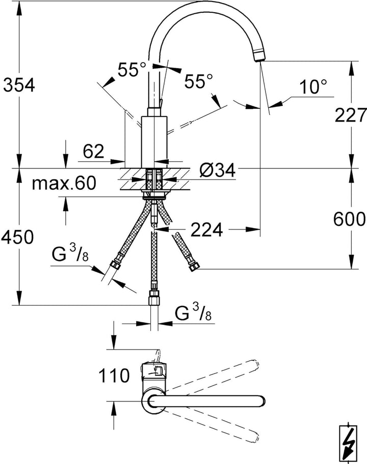 GROHE Eurosmart Cosmopolitan - Einhand-Spültischbatterie (Schwenkbereich wählbar, hoher Auslauf, Ein